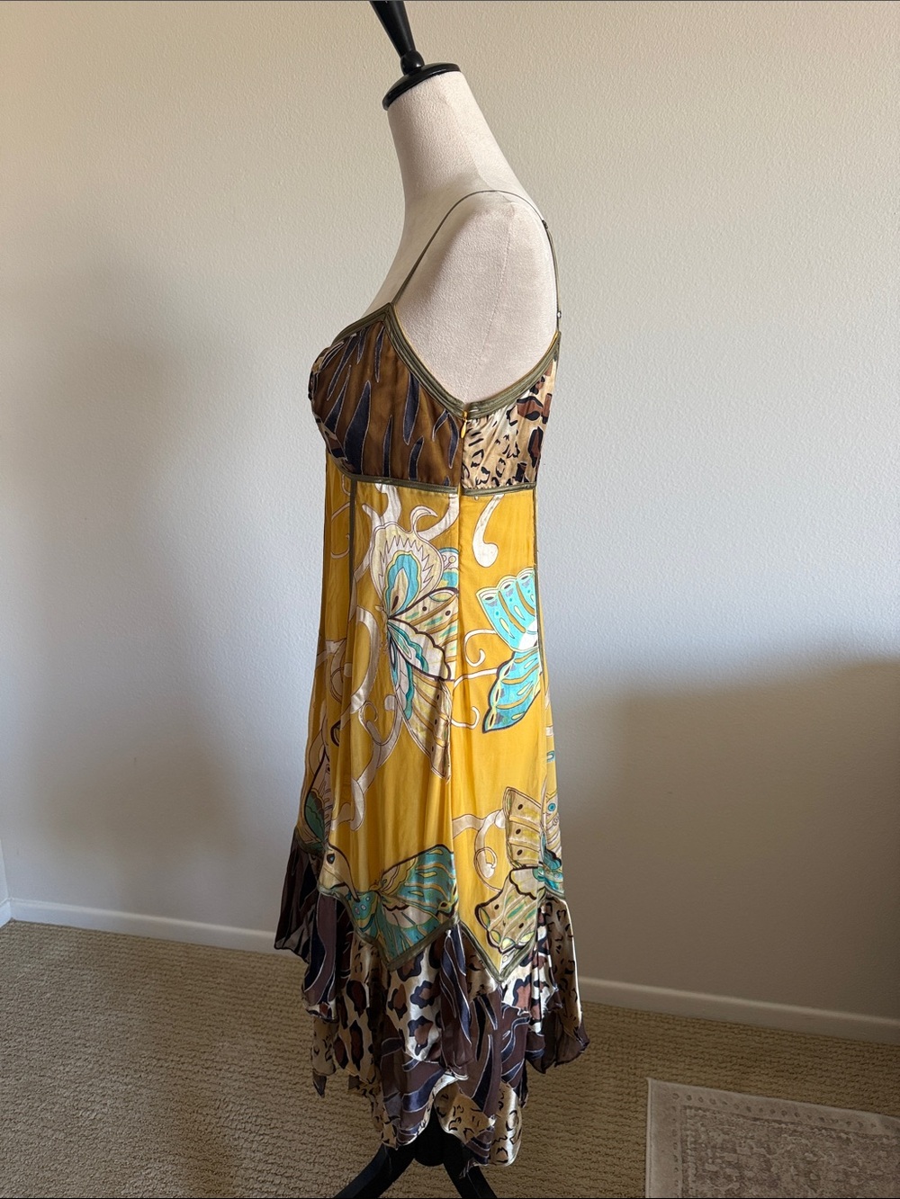Sue Wong Mustard Yellow and Brown Floral Silk Slip Dress - Picture 5 of 10